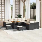 Ensemble de canapés de jardin 13 pièces avec coussins noir rattan poly acacia