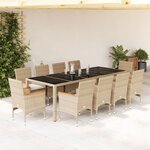 vidaXL Ensemble à manger de jardin et coussins 11Pièces beige rotin verre