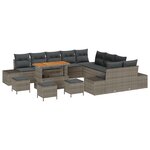 Set de Canapés de Jardin 14 Pièces avec Coussins Gris Poly Rattan Acacia