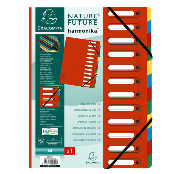 Trieur HARMINIKA à Fenêtres et Élastiques 12 Compartiments Rouge EXACOMPTA