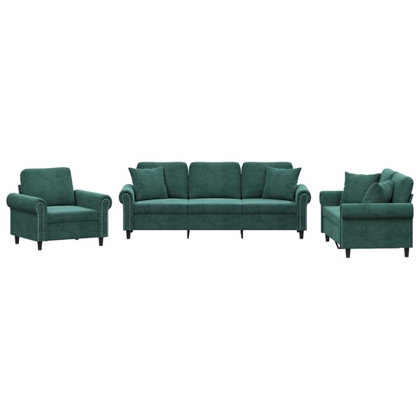 vidaXL Ensemble de canapés 3 Pièces avec coussins vert foncé velours
