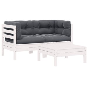 vidaXL Salon de jardin 3 Pièces avec coussins Blanc Bois de pin massif