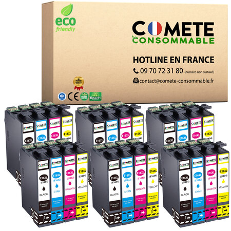 CARTOUCHE d'Encre 16XL pack de 24 - Compatibles avec Epson 16 XL ou T1631 Stylo Plume - pour Cartouche Epson 16 ou Cartouche Epson WF 2510 (6 Noirs 6 Cyan 6 Magenta 6 Jaunes)-COMETE  Marque française