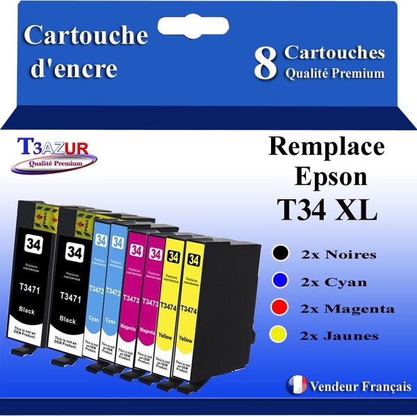 T3AZUR- 8x Cartouches Compatibles avec Epson 34XL 34 XL remplace Epson WorkForce Pro WF-3725DWF WF-3720DW WF-3720DWF