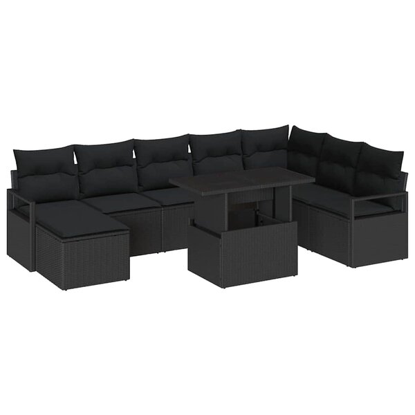 vidaXL Canapé de jardin 9 pièces avec coussins en poly rattan noir