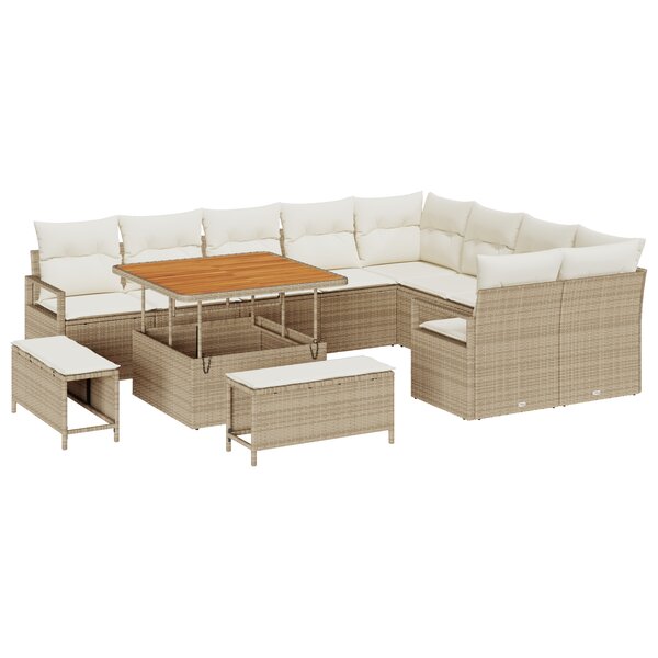 Ensemble de Canapés de Jardin de 12 Pièces avec Coussins Beige en Poly Rotin Acacia