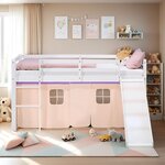 Lit mezzanine 90x200cm avec toboggan et rideau pin pêche
