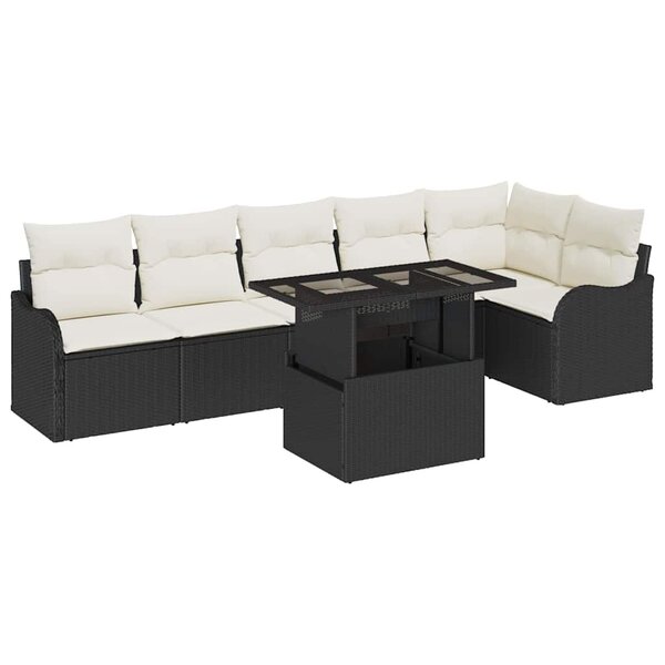 vidaXL Canapés de jardin 7 pièces en rotin synthétique noir avec coussins.