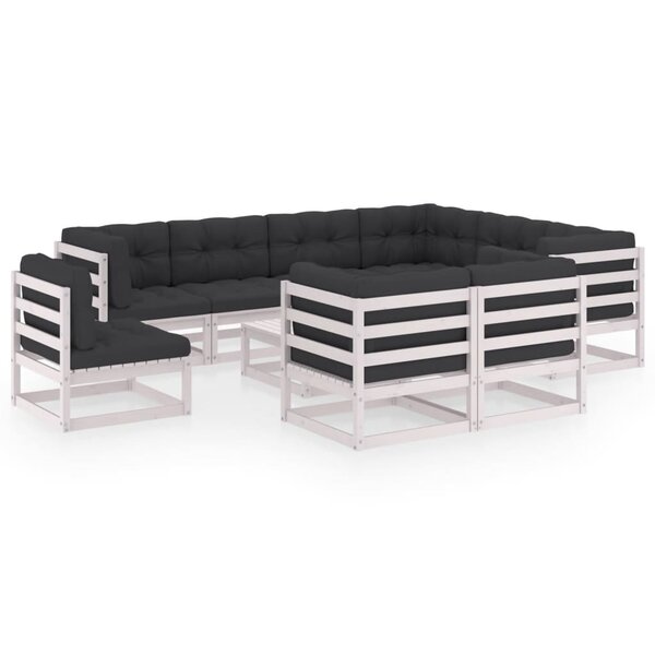 vidaXL Salon de jardin 10 Pièces avec coussins Blanc Bois de pin massif