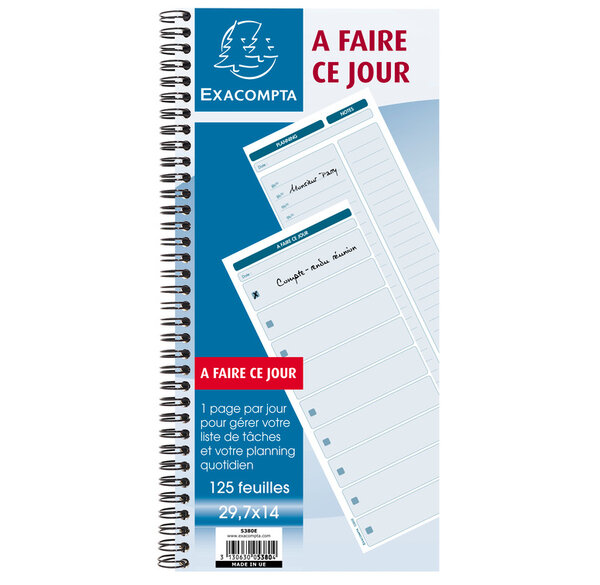 Carnet spiralé 29 7x14cm - A faire ce jour - 125 feuilles x 5 EXACOMPTA