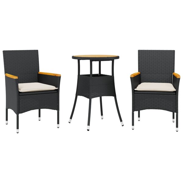 vidaXL Ensemble à manger de jardin et coussins 3 Pièces noir rotin acacia