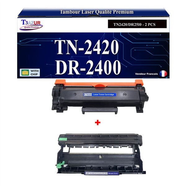 T3AZUR - Kit Tambour+Toner compatibles avec Brother TN2420  DR2400 pour Brother HL-L2310D  HL-L2350DW  HL-L2357DW  HL-L2370DN  HL-L2372DN  HL-L2375DW  HL-L2395DW - 3 000 pages