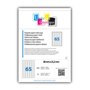 Lot de 50 planches a4 de 65 étiquettes à bords vifs 38 x 21 2 mm en papier blanc 70g/m² multifonction