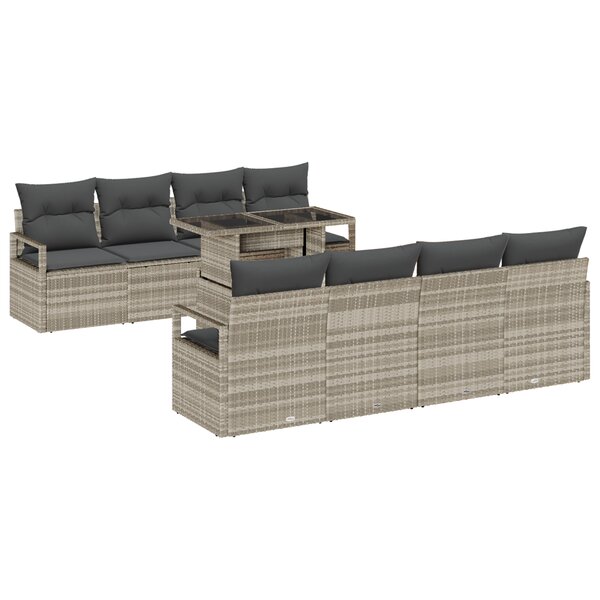 Ensemble de canapés de jardin 9 pièces avec coussins Gris clair Rotin poly