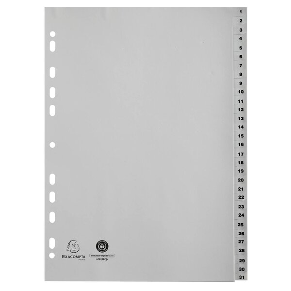 Intercalaires Imprimés Numériques Pp Recyclé Gris - 31 Positions - A4 - Gris - X 20 - Exacompta