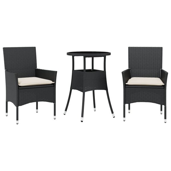vidaXL Ensemble à manger de jardin et coussins 3 Pièces noir rotin verre