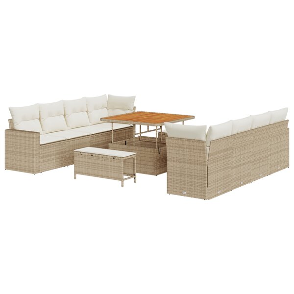 Ensemble de Canapé de Jardin 11 Pièces avec Coussins Beige Poly Rattan Acacia