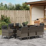 vidaXL Ensemble de repas de jardin 9 pièces avec coussins gris en rattan poly