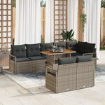 Ensemble de Canapé de Jardin 9 Pièces avec Coussins Gris Poly Rattan Acacia