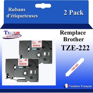 2x Rubans d'étiqueteuses compatibles avec Brother Tze222  Tze-222 pour étiqueteuses P-touch - Texte rouge sur fond blanc - Largeur 9 mm x 8 mètres - T3AZUR