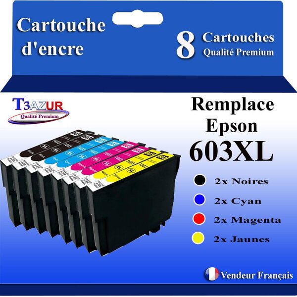 T3AZUR - 8 Cartouches Compatibles avec Epson 603 603XL Noire pour Epson Expression Home XP-2100 XP-2105 XP-3100 XP-3105 XP-4100 XP-4105 XP-4150  Workforce WF-2810 WF-2830 WF-2835 WF-2850 WF-2870