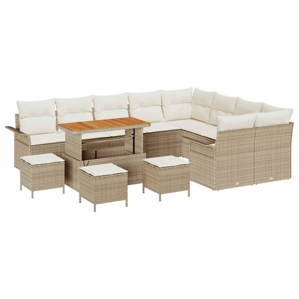 vidaXL Set de canapé de jardin de 13 pièces avec coussins en rotin polyéthylène beige et bois d'acacia.
