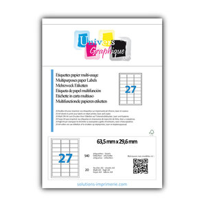 Lot de 20 planches a4 de 27 étiquettes à bords ronds 63 5 x 29 6 mm en papier blanc 70g/m² multifonction