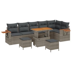 Set de canapés de jardin 9 pièces avec coussins gris poly rattan acacia