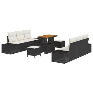 Ensemble de canapé de jardin 9 pièces avec coussins poly rattan noir acacia