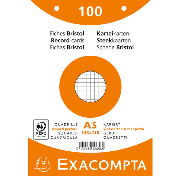 Paquet 100 fiches Bristol quadrillé 5x5 perforé - 148x210mm - Couleurs assorties x 10 EXACOMPTA