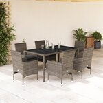 vidaXL Ensemble à manger de jardin et coussins 7 Pièces gris rotin verre
