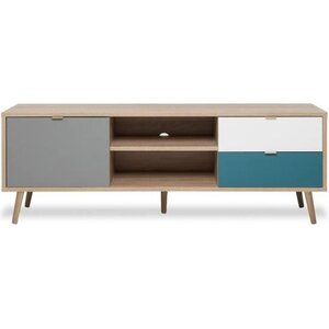 Meuble TV scandinave - chêne gris blanc bleu pétrole - 1 Porte - 150 x 40 x Hauteur 51 cm