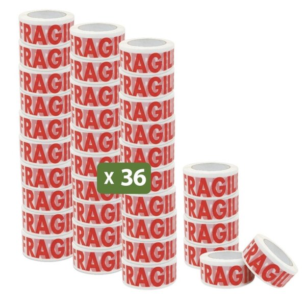 Pack and Move - Lot 36 Rouleaux Ruban Adhésif Transparent "Fragile" Pour Emballage Et Déménagement - 100 M - Qualité Premium
