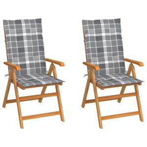 vidaXL Chaises de jardin lot de 2 et coussins à carreaux gris Teck