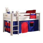 PINO Lit sureleve en pin massif avec sommier Blanc + Rideau de lit Domino