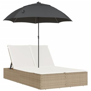 vidaXL Chaise longue double avec coussins et parasol beige poly rotin