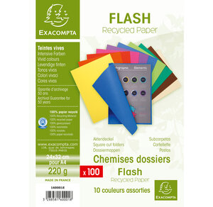 Paquet de 100 chemises FLASH 220 100 recyclé - 24x32cm - Couleurs assorties EXACOMPTA
