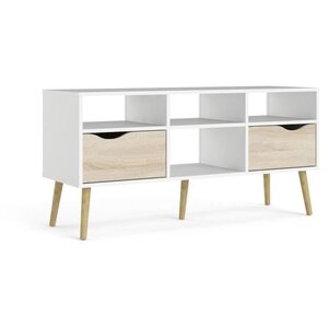 Meuble TV 4 niches 2 tiroirs - Blanc / chêne - 117 x 39 x 57 4 cm