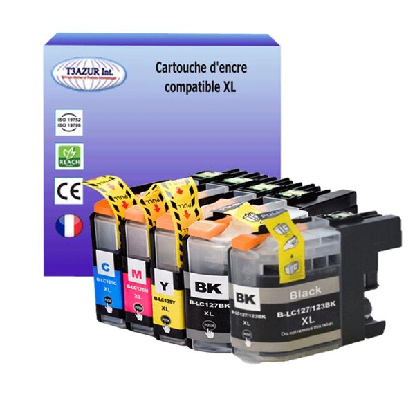 T3AZUR Lot de 5 Cartouches compatibles avec Brother LC127XL  LC125XL pour Brother MFC-J4510DW  MFC-J4610DW