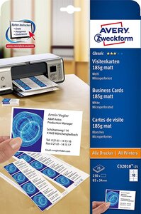 Etui de 250 Cartes Visite Recto Microperforées 190g Jet d'encre Blanc mat 85 x 54 mm AVERY