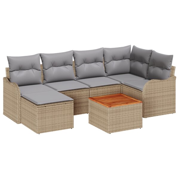 Ensemble de Canapé de Jardin 7 Pièces avec Coussins Beige Poly Rattan Acacia