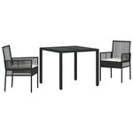 Ensemble de salle à manger de jardin en 3 pièces avec coussins en poly rattan noir
