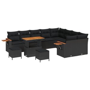 Set de 12 pièces de Canapé de Jardin avec Coussins Noir Poly Rattan Acacia