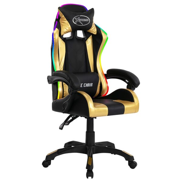 Chaise fauteuil siège pivotante de bureau informatique étude de jeux vidéo avec LED RVB Doré et similicuir multicolore 02_0024205