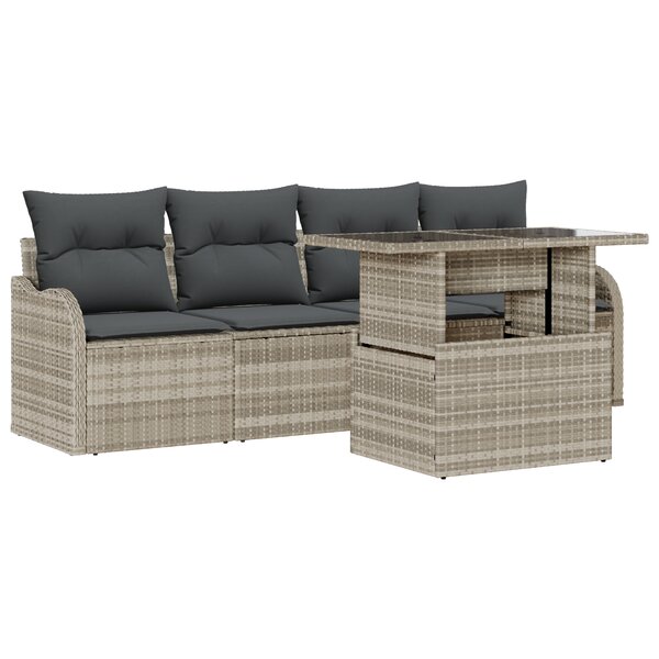 Canapé de Jardin 5 Pièces avec Coussins Gris Clair Poly Rotin