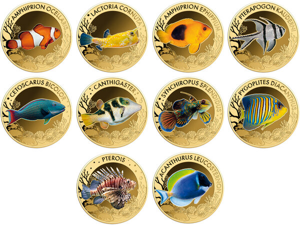 Monnaie MOST FAMOUS CORAL FISH Set 10x1/1000 Oz Or 3000 Francs Chad