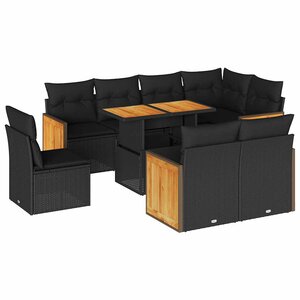 vidaXL Salon de jardin avec coussins 9 Pièces noir résine tressée acacia
