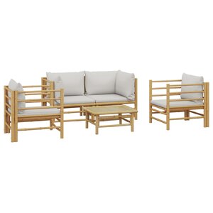 Salon de jardin meuble d'extérieur ensemble de mobilier 5 pièces avec coussins gris clair bambou 02_0016385