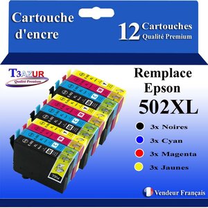 T3AZUR - 12x Cartouches compatibles avec Epson Expression Home XP-5100  XP-5105  XP-5115  XP-5150  XP-5155  502XL