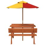 vidaXL Table de pique-nique pour 4 enfants avec parasol bois de sapin